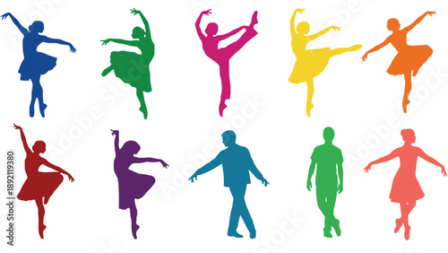 Colorful silhouettes of dancers in various poses on a white background