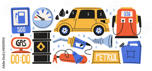 Fuel station stickers with petrol refueling and car maintenance elements including gas pump, fuel can, vehicle, oil barrel and dashboard symbols for automotive service and transport energy concepts