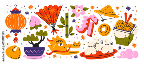 Chinese culture stickers set with traditional Asian symbols, dragon, lantern, fan and food elements for festival decoration and cultural design. Cartoon oriental shapes for holiday celebration 