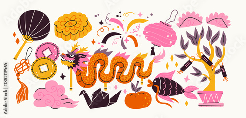 Chinese culture stickers set with traditional Asian symbols, dragon, lantern, fan and food elements for festival decoration and cultural design. Cartoon oriental shapes for holiday celebration 