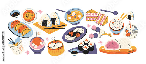 Japanese cuisine stickers in retro cartoon style. Asian food elements: sushi, ramen, onigiri, bento, dumplings. Traditional oriental dishes assortment with chopsticks, bowls and takeaway boxes
