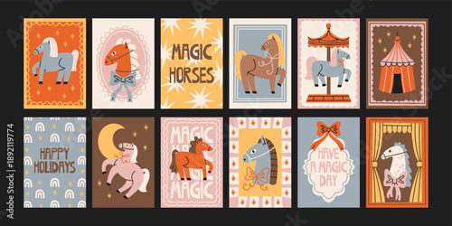 Pegasus and magic horse posters in retro cartoon style. Mythical postcards: winged horses, stars, clouds. Enchanted pony collection with fantasy creatures, dreamy accents and playful mystical motifs