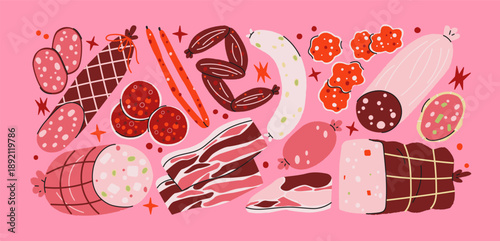 Meat food stickers in retro cartoon style. Sausage, bacon, salami and deli products for grocery shop, butcher menu, restaurant ingredients, protein nutrition concept, cartoon doodle groovy shapes set