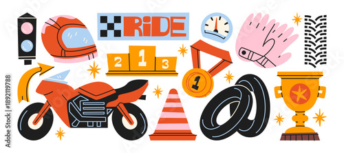 Motorsport racing stickers with motorcycle competition elements including helmet, trophy, racing track, tires and speed symbols for motorbike sport events. Cartoon racing shapes for moto competition 
