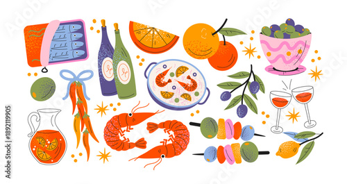 Spanish cuisine traditional dishes. Tapas, paella, jamon, seafood, olives and wine as Mediterranean food culture. National gastronomy and culinary heritage of Spain. Isolated vector illustration.