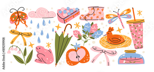 Spring nature stickers in retro cartoon style with butterfly, flowers, rain cloud, umbrella, frog, apple, dragonfly, bow ribbons, boots and seasonal garden elements for springtime lifestyle shapes
