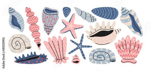 Sea shell stickers with marine ocean elements including seashells, starfish and coastal beach objects. Tropical sea life shapes with underwater marine shells, ocean nature elements and summer seaside 