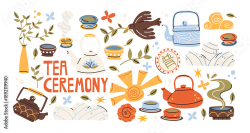 Traditional Chinese tea ceremony set in retro cartoon style. Teapots, cups, tea bags, herbal leaves, kettle, spoon and brewing accessories. Cultural illustration of Chinese gongfu tea ritual. Vector 