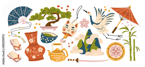 Japanese culture stickers in retro cartoon style. Asian symbols: fan, crane, bonsai, teapot, mask, umbrella, bamboo, mountains. Traditional oriental objects collection with sakura flowers 