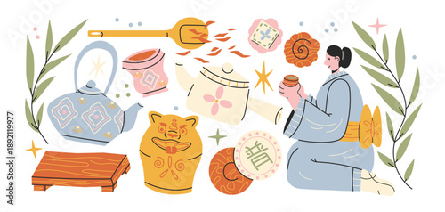 Traditional Chinese tea ceremony set in retro cartoon style. Teapots, cups, tea bags, herbal leaves, kettle, spoon and brewing accessories. Cultural illustration of Chinese gongfu tea ritual. Vector 