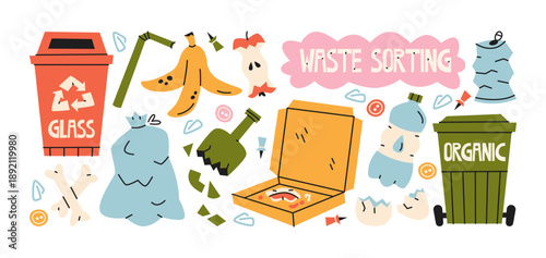 Waste sorting stickers set with recycling bins, glass container, organic trash, banana peel, pizza box, plastic bottle and food scraps. Eco recycling elements for garbage separation and zero waste use