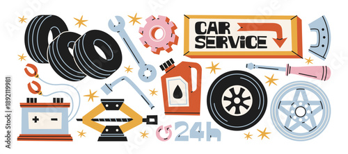 Car service stickers in retro cartoon style with tires, wrench tools, battery, oil can, wheel parts, repair equipment, garage icons and automotive maintenance symbols for vehicle repair service 