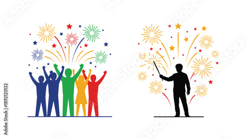 A colorful illustration of people celebrating with fireworks and stars
