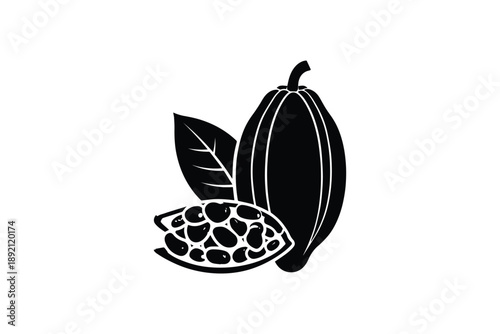 Cacao pod and beans silhouette for chocolate, cocoa, and confectionery product design