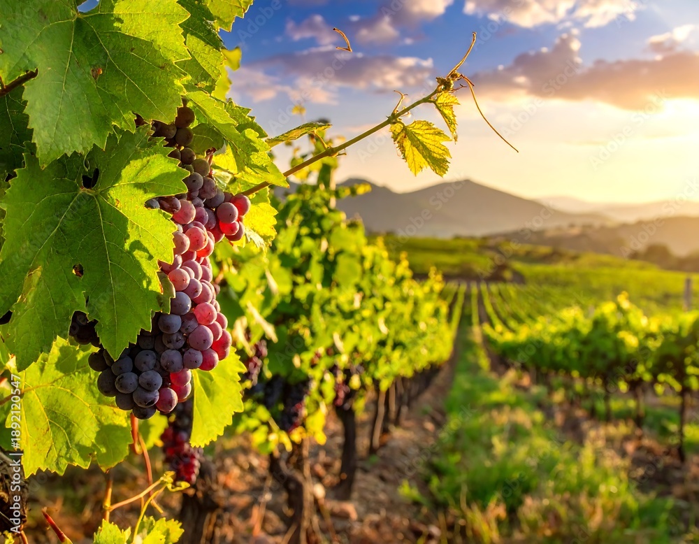 Naklejka premium A serene vineyard landscape with lush greenery and ripe grape clusters