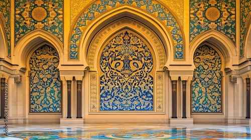 mihrab. The ornate mihrab of an empty mosque prayer hall with tile patterns. event programs, museum guides, designed for cultural heritage projects and event programs.