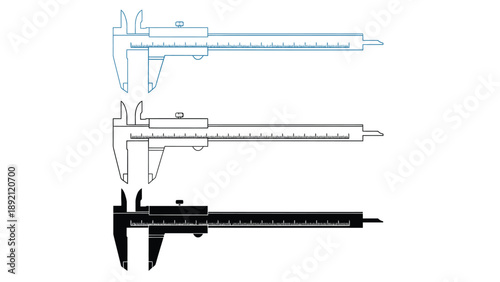 A set of vernier calipers in different views and colors on a white background