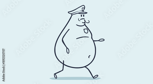 Cartoon Stick Figure Policeman Walking With Moustache.