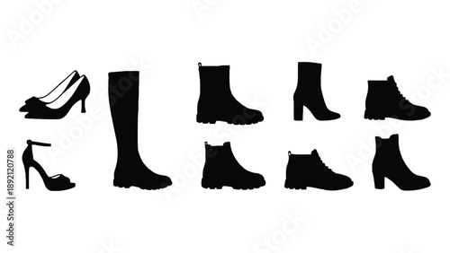 A collection of various black shoe silhouettes on a white background