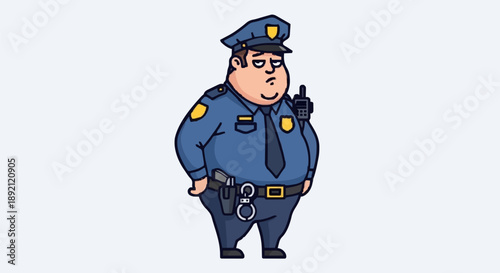 Cartoon Policeman Character Holding Radio.