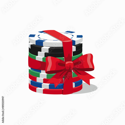 Colorful Stack of Casino Gambling Chips Tied With a Festive Red Ribbon and Bow