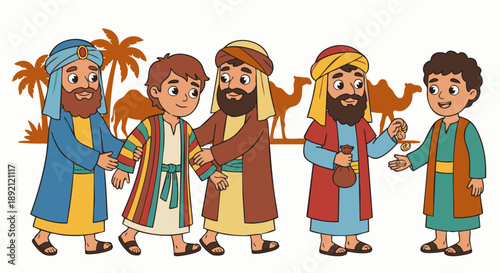Cartoon style flat vector illustration of Joseph being sold into slavery, showing Joseph with a colorful robe being led away by merchants, simple camel silhouettes and money. Bible story