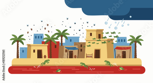 Cartoon style flat vector illustration representing the ten plagues of Egypt using symbolic elements, including frogs, insects, darkened sky, and river turning red. Bible story