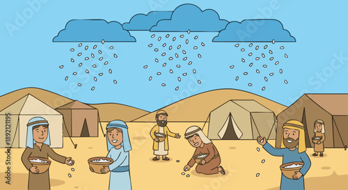  Manna from Heaven
Cartoon style flat vector illustration of manna falling from heaven, small white bread-like flakes descending from the sky while people gather them joyfully, desert camp background 