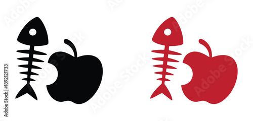 Fish shaped apple. Organic waste icon vector. bone, fish skeleton, and apple core symbol. vector illustration. 