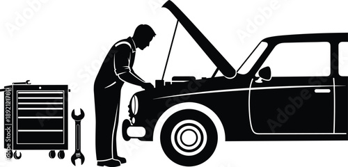 Mechanic inspecting classic car engine silhouette, professional auto repair and maintenance illustration with tools in garage workshop, isolated on white background vector design