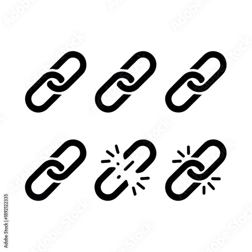 A collection of six chain link icons presented in two rows, illustrating concepts of connection, strength, and prominently featuring broken links symbolizing weakness or disruption.