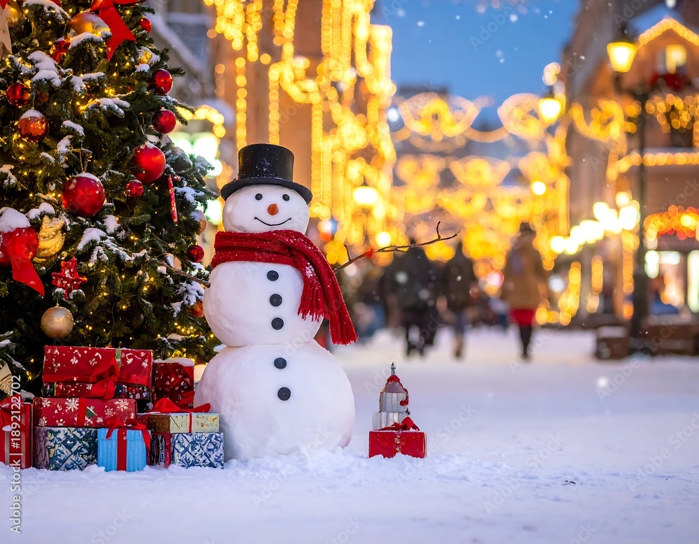 Obraz premium A snowman stands beside a decorated Christmas tree on a snowy street