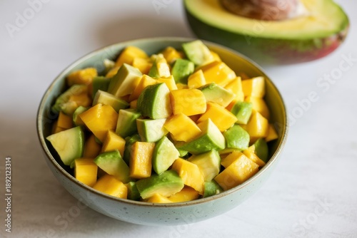 Mango avocado salsa in small bowl with halved avocado
