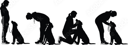 Set of woman training and bonding with dog silhouettes, female pet owner showing obedience training, care, and affection moments isolated on white background illustration