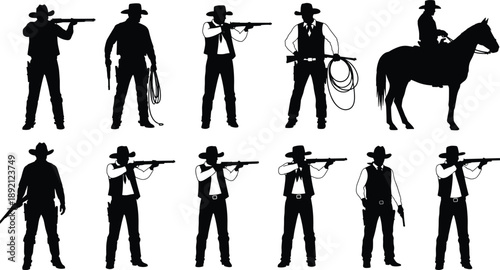 Silhouettes of eleven cowboys in dynamic poses with rifles, lassos, and horse, capturing classic Western action and American frontier folklore in black illustration.