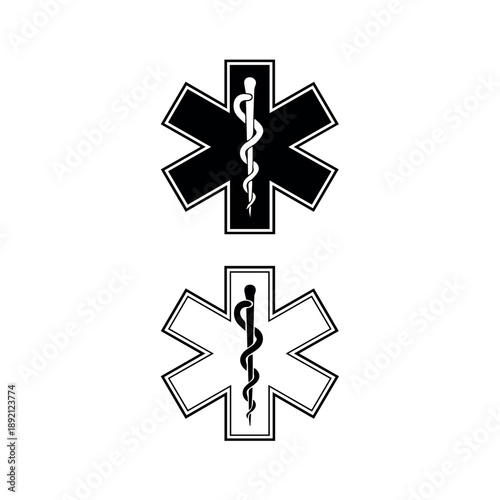 Two graphic Star of Life symbols, one solid black and one outlined, each featuring the Rod of Asclepius, representing emergency medical services.