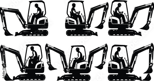 Silhouettes of excavator operators in various machine positions, showcasing construction equipment movement, functionality, and training visuals in cad drawing vector illustration format.