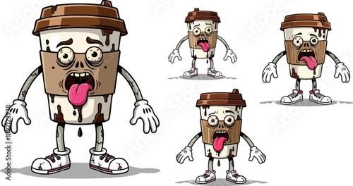 Spooky zombie coffee cup mascot character set displaying various gross and decaying expressions for halloween horror themed beverage designs and unexpected beverage failure concepts