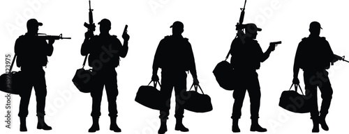 Silhouettes of five armed tactical figures with duffel bags and weapons, representing military readiness, mission coordination, and dramatic black illustration for security themes.