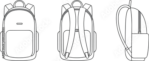 Backpack outline illustration from front, back and side views, school bag design, travel and education accessory line art