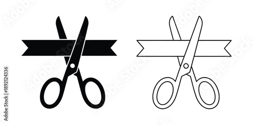 Cutting the ribbon with scissors icon. Festive, grand opening. scissors cuts or ribbon cut. . Long silk ribbon. Scissors for cutting and silk ribbon. Start for sport game or invitation for a party.
