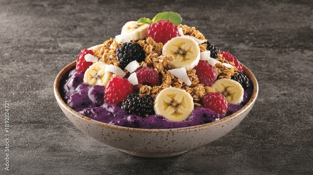 Fototapeta premium Vibrant Brazilian acai bowl topped with fruits and granola: A colorful acai bowl filled with a deep purple smoothie base, topped with fresh berries, banana slices, granola, and coconut flakes, served