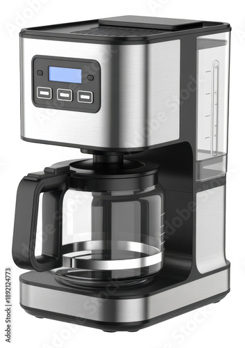 Silver coffee maker with digital display isolated on a transparent background