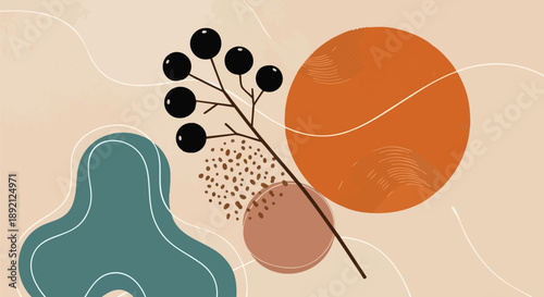 Abstract background design featuring a central dark berry branch layered over muted terracotta orange circles and flowing beige subtle lines creating a modern artistic composition.