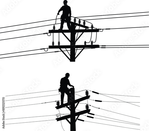 Electrician on power line silhouette, utility pole maintenance work, high voltage electricity transmission, electrical safety service industry concept