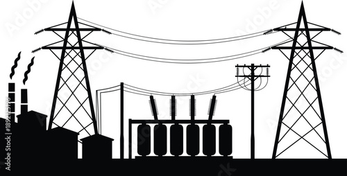 Electric power transmission substation silhouette, high voltage pylons, industrial power plant, electricity distribution infrastructure, energy generation concept