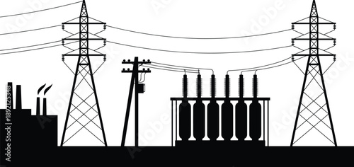 High voltage power transmission substation silhouette, electrical grid infrastructure, industrial energy distribution, electricity pylons, transformer station illustration