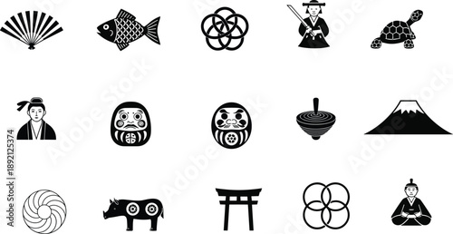 Japanese traditional culture icon set in black silhouette style, samurai symbols, daruma, torii gate, Mount Fuji illustration