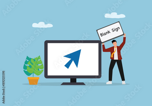Modern Digital Interaction Concept with Businessman Holding Blank Sign in Front of Large Computer Cursor on Cloud Background for Web Navigation and Online Communication Themes