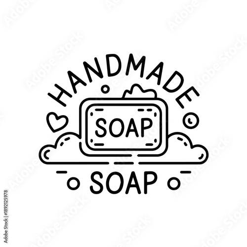 A charming outline logo design for "Handmade Soap," featuring a bar of soap surrounded by whimsical elements like clouds, hearts, and decorative dots, conveying natural craftsmanship.